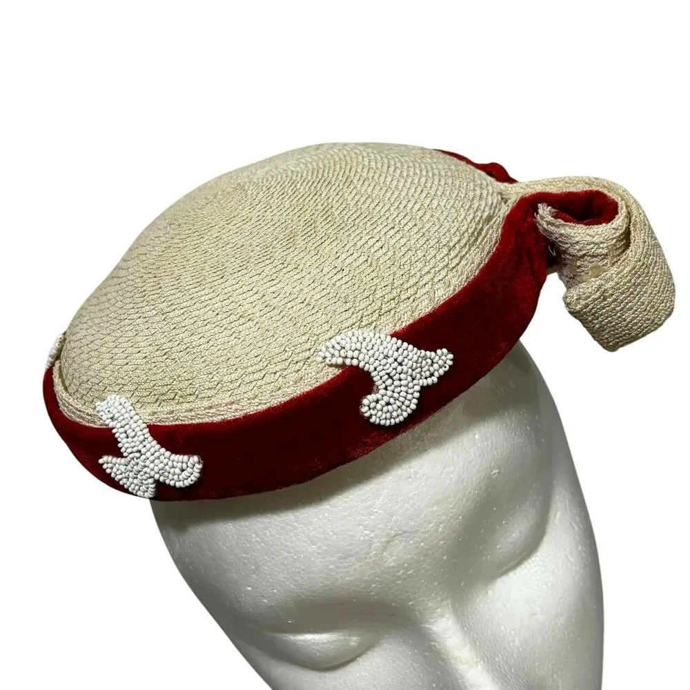 Vintage Mindy by Mary Roth White headband hat red velvet trim white beads FLAW